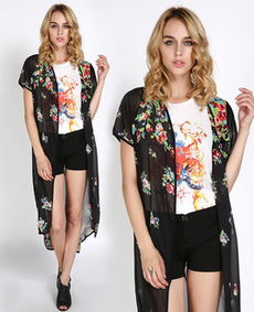 花卉透視雪紡印花中袖長(zhǎng)款開衫kimono和服式無扣雪紡衫